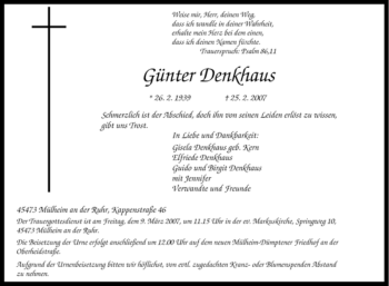 Traueranzeige von Günter Denkhaus von Tageszeitung