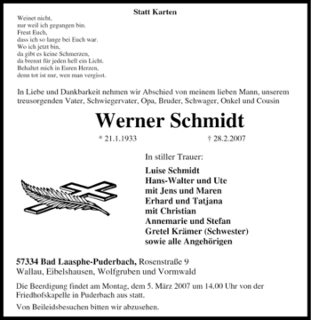 Traueranzeige von Werner Schmidt von Tageszeitung