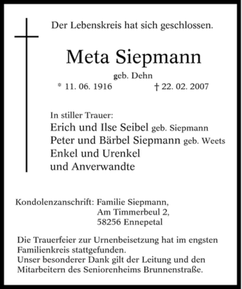  Traueranzeige für Meta Siepmann vom 03.03.2007 aus Tageszeitung