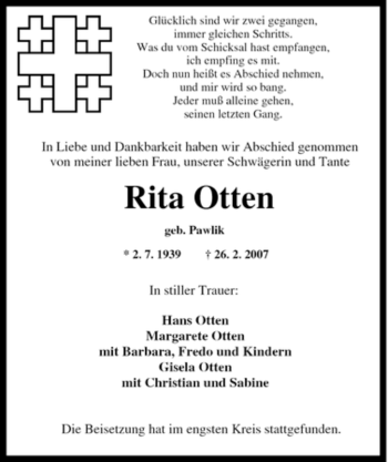 Traueranzeige von Rita Otten von Tageszeitung