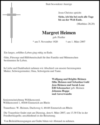 Traueranzeige von Margret Heimen von Tageszeitung