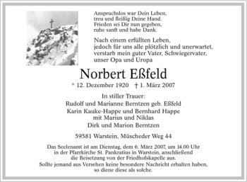 Traueranzeige von Norbert Eßfeld von Tageszeitung