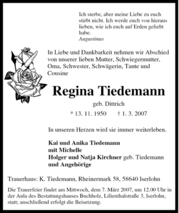 Traueranzeige von Regina Tiedemann von Tageszeitung