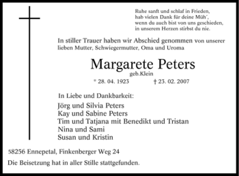Traueranzeige von Margarete Peters von Tageszeitung