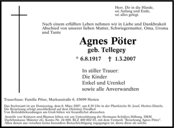 Traueranzeige von Agnes Pöter von Tageszeitung