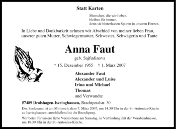 Traueranzeige von Anna Faut von Tageszeitung