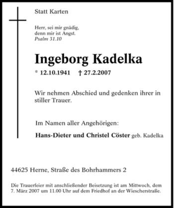 Traueranzeige von Ingeborg Kadelka von Tageszeitung