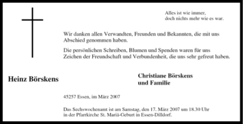 Traueranzeige von Heinz Börskens von Tageszeitung