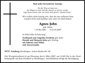Traueranzeige von Agnes John von Tageszeitung