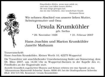 Traueranzeige von Ursula Krumkühler von Tageszeitung