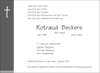 Traueranzeige von Rotraud Beckers von Tageszeitung