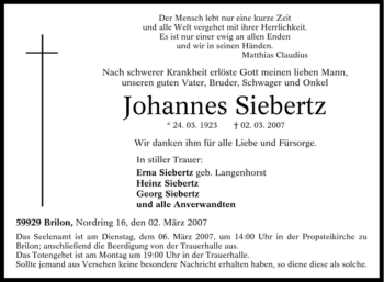 Traueranzeige von Johannes Siebertz von Tageszeitung