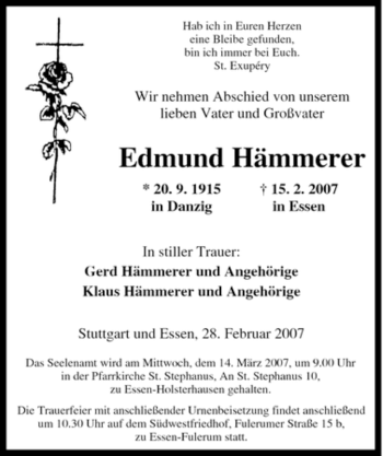 Traueranzeige von Edmund Hämmerer von Tageszeitung