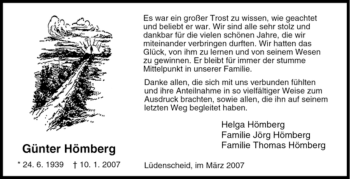 Traueranzeige von Günter Hömberg von Tageszeitung