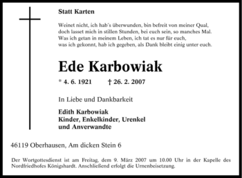 Traueranzeige von Ede Karbowiak von Tageszeitung