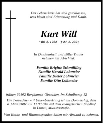 Traueranzeige von Kurt Will von Tageszeitung