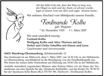 Traueranzeige von Ferdinande Kolbe von Tageszeitung