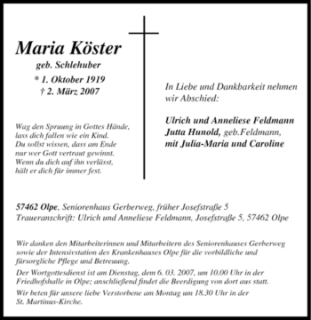 Traueranzeige von Maria Köster von Tageszeitung