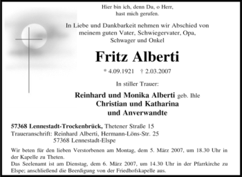 Traueranzeige von Fritz Alberti von Tageszeitung