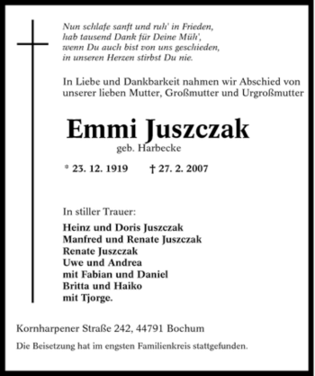 Traueranzeige von Emmi Juszczak von Tageszeitung