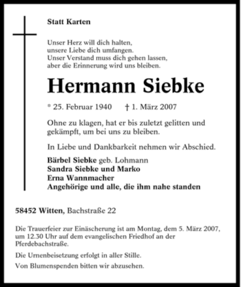 Traueranzeige von Hermann Siebke von Tageszeitung