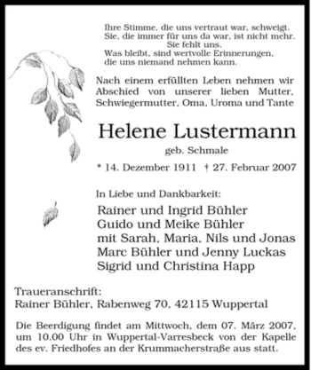 Traueranzeige von Helene Lustermann von Tageszeitung