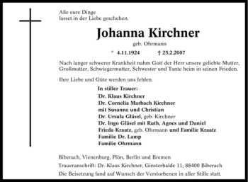 Traueranzeige von Johanna Kirchner von Tageszeitung