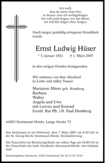 Traueranzeige von Ernst Ludwig Hüser von Tageszeitung