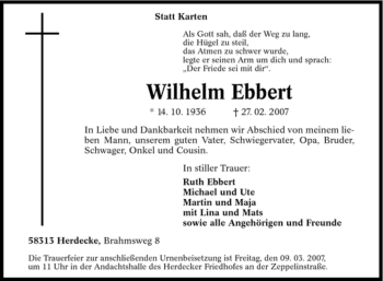 Traueranzeige von Wilhelm Ebbert von Tageszeitung