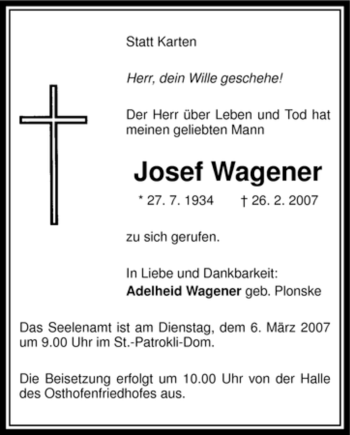 Traueranzeige von Josef Wagener von Tageszeitung