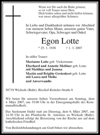 Traueranzeige von Egon Lotte von Tageszeitung