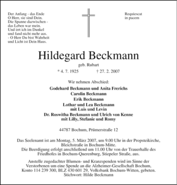 Traueranzeige von Hildegard Beckmann von Tageszeitung