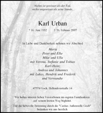 Traueranzeige von Karl Urban von Tageszeitung
