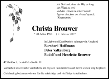 Traueranzeige von Christa Brouwer von Tageszeitung