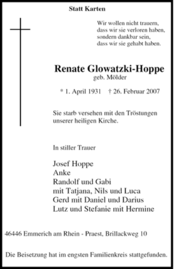 Traueranzeige von Renate Glowatzki-Hoppe von Tageszeitung