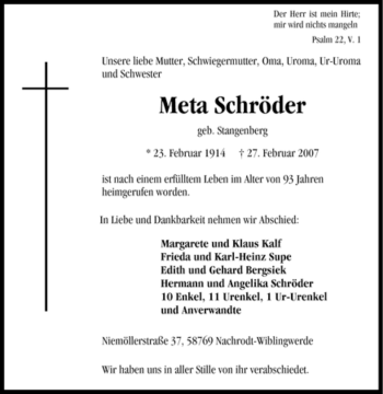 Traueranzeige von Meta Schröder von Tageszeitung