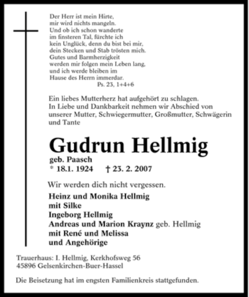 Traueranzeige von Gudrun Hellmig von Tageszeitung