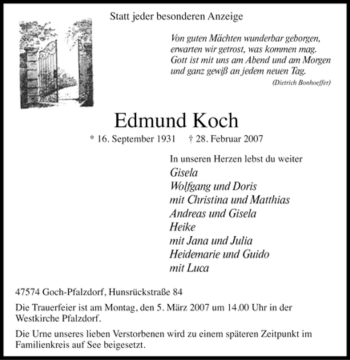 Traueranzeige von Edmund Koch von Tageszeitung