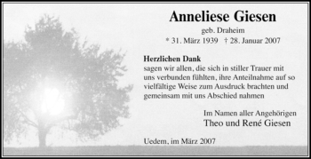 Traueranzeige von Anneliese Giesen von Tageszeitung