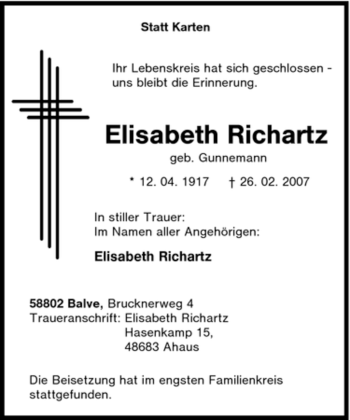 Traueranzeige von Elisabeth Richartz von Tageszeitung