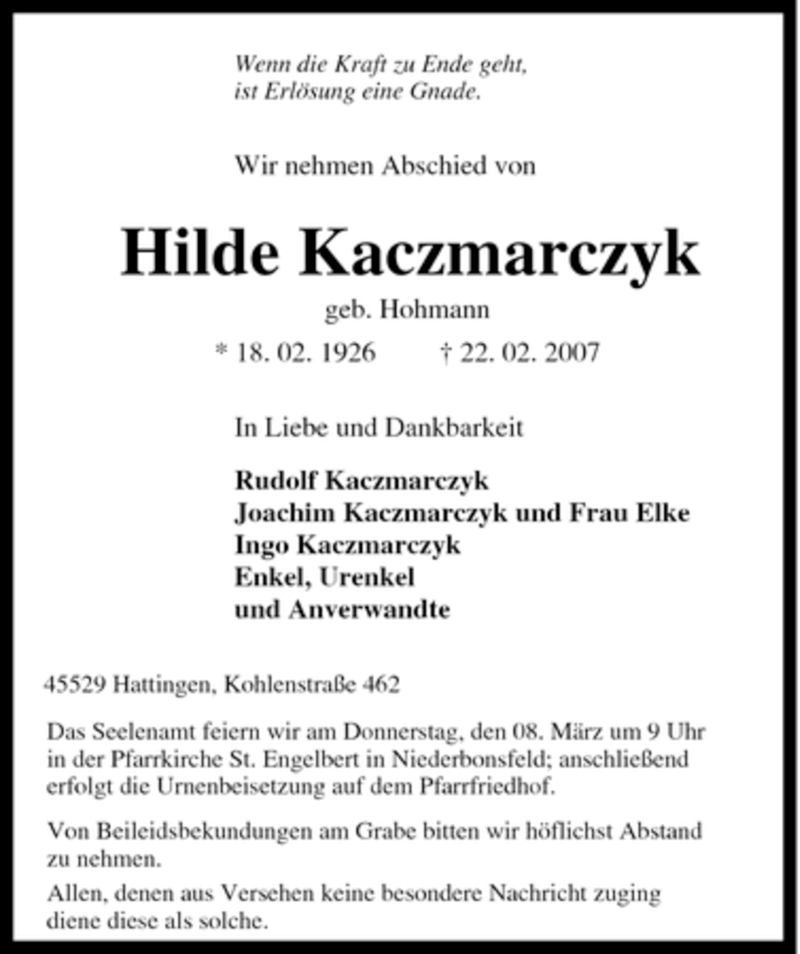  Traueranzeige für Hilde Kaczmarczyk vom 05.03.2007 aus Tageszeitung