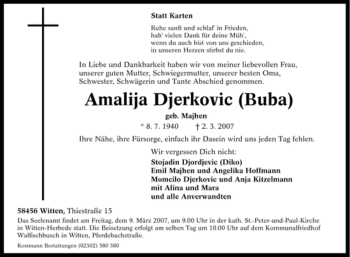 Traueranzeige von Amalija Djerkovic von Tageszeitung