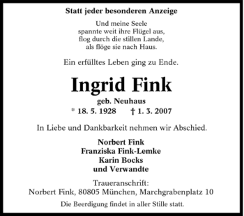 Traueranzeige von Ingrid Fink von Tageszeitung