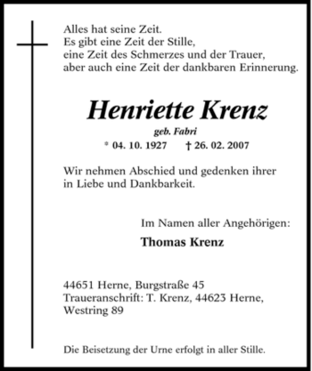 Traueranzeige von Henriette Krenz von Tageszeitung