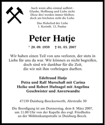 Traueranzeige von Peter Hatje von Tageszeitung
