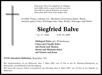 Traueranzeige von Siegfried Balve von Tageszeitung