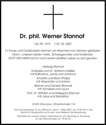 Traueranzeige von Werner Stannat von Tageszeitung