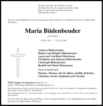 Traueranzeige von Maria Büdenbender von Tageszeitung