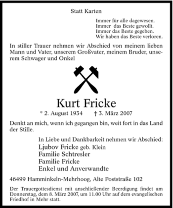 Traueranzeige von Kurt Fricke von Tageszeitung