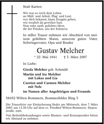 Traueranzeige von Gustav Melcher von Tageszeitung